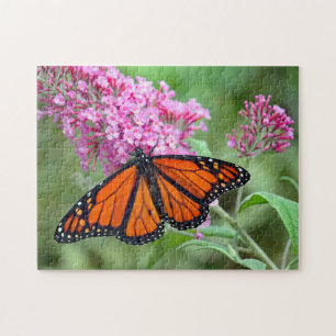 Pretty Monarch Butterfly Pink Floral Photo Jigsaw Puzzle