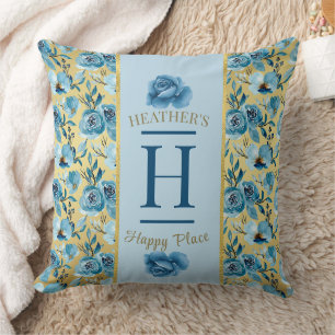 Pretty Monogram Blue Country Floral Happy Place Cushion