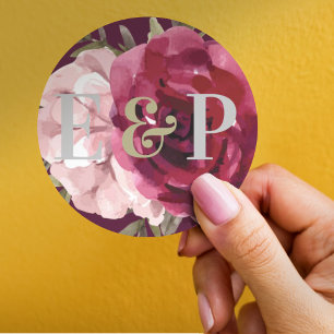 Pretty Monogram Burgundy Blush Pink Floral Wedding Classic Round Sticker