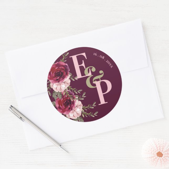 Pretty Monogram Burgundy Blush Pink Floral Wedding Classic Round Sticker (Envelope)