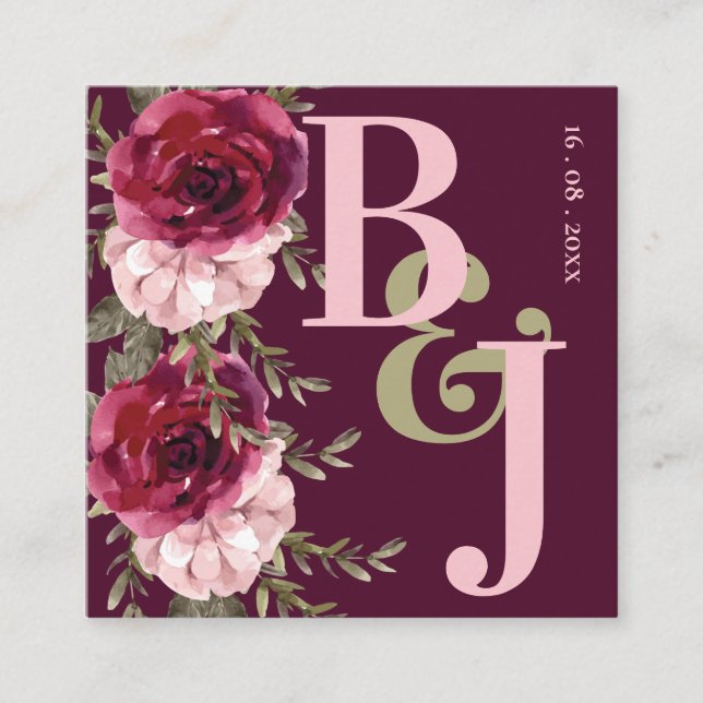 Pretty Monogram Burgundy Blush Pink Floral Wedding Enclosure Card (Front)