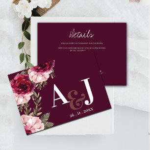 Pretty Monogram Burgundy Blush Pink Floral Wedding Enclosure Card