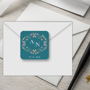 Pretty Monogram Cute Colorful Green Floral Wedding Square Sticker