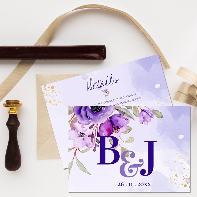 Pretty Monogram Cute Purple Blue Floral Wedding Enclosure Card (Pretty Monogram Cute Purple Blue Floral Wedding Enclosure Details Card)