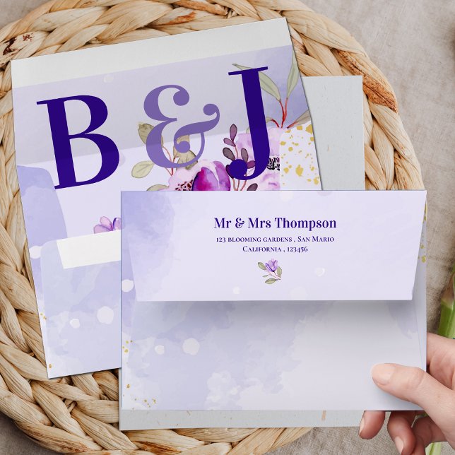 Pretty Monogram Cute Purple Blue Floral Wedding  Envelope (Creator Uploaded)