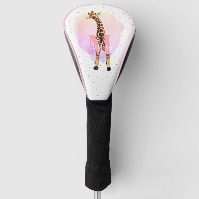 Pretty Monogram Girls Name Pink Cute Giraffe Golf Head Cover (Front)