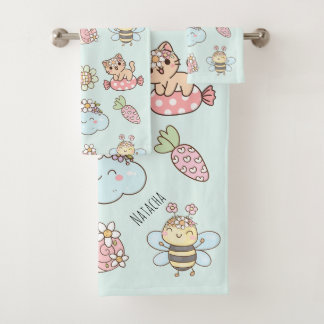 Pretty monogram hand drawn artwork Pink Blue Kids Bath Towel Set