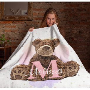 Pretty Monogram Kids Name Pink Teddy Bear  Fleece Blanket