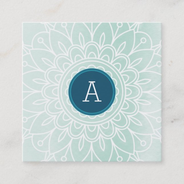 PRETTY MONOGRAM modern boho mandala pattern mint Square Business Card (Front)