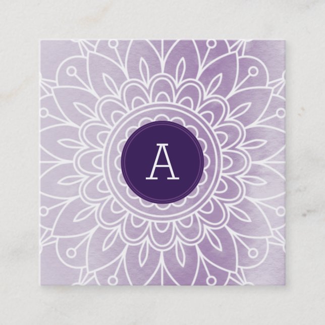 PRETTY MONOGRAM modern boho mandala pattern purple Square Business Card (Front)