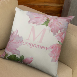 Pretty Monogram Name Pink Floral Ivory Cushion