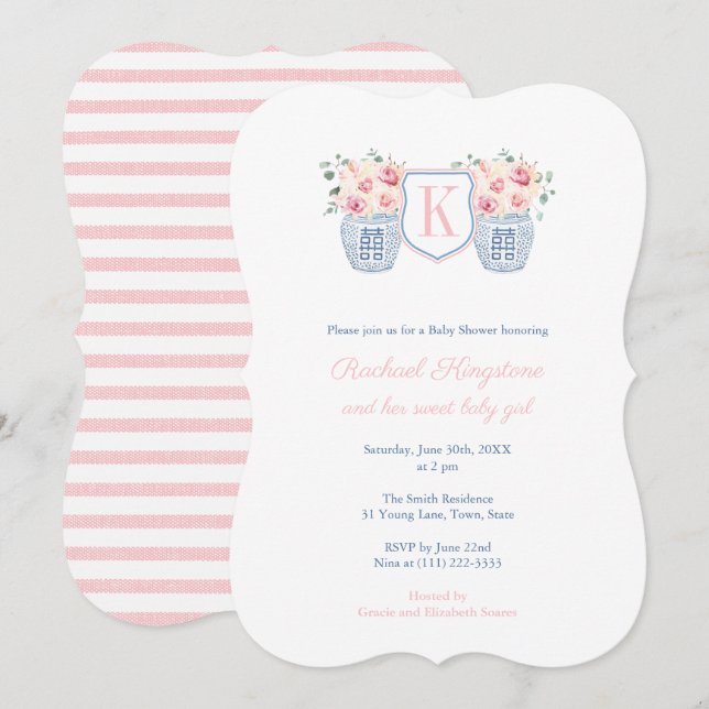 Pretty Monogram Pink Roses Little Girl Baby Shower Invitation (Front/Back)