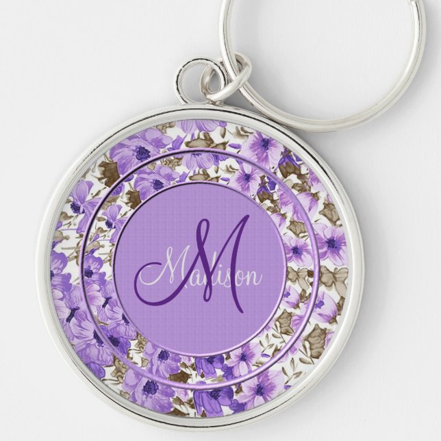 Pretty Monogram Purple & White Floral Key Chain (Front)