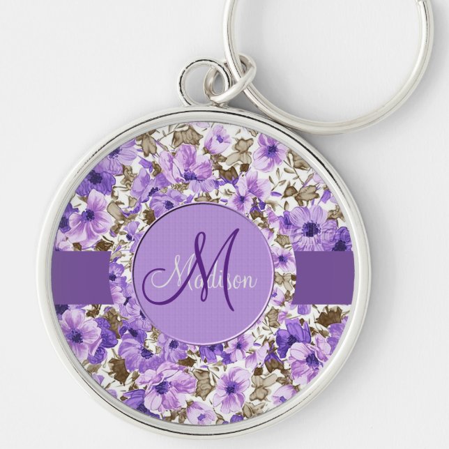 Pretty Monogram Purple & White Floral Key Chain 2 (Front)