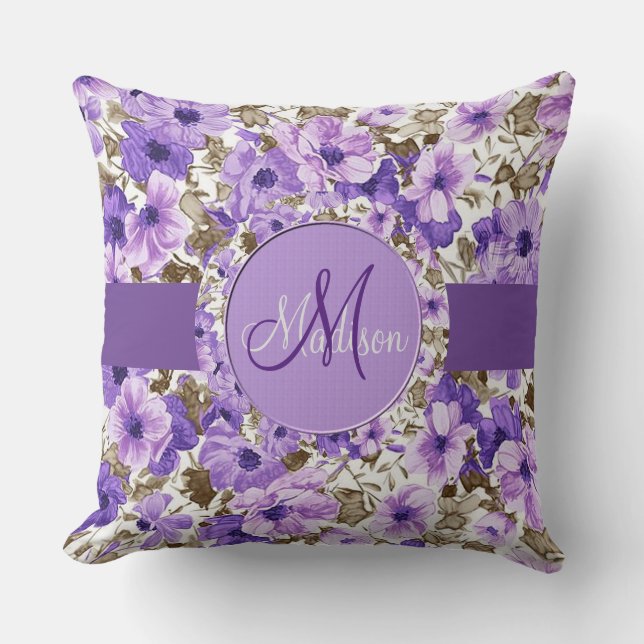 Pretty Monogram Purple & White Floral Pillow 2 (Front)