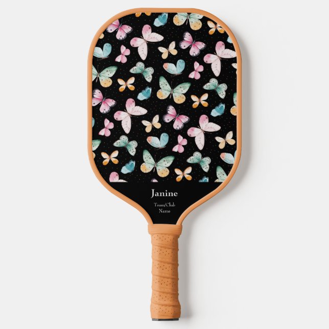 Pretty Monogram Team/Club Name Colourful Butterfly Pickleball Paddle (Front)
