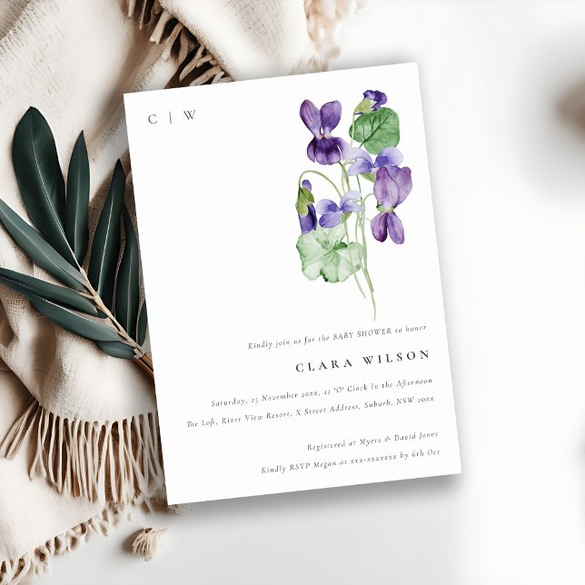 Pretty Monogram Violet Floral Bunch Baby Shower Invitation (Creator Uploaded)