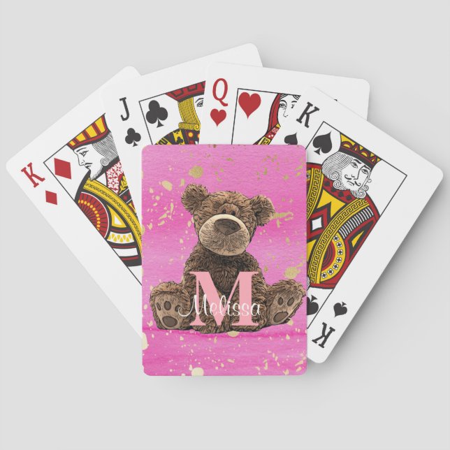 Pretty Monogram Watercolor Kid's Pink Teddy Bear  Playing Cards (Back)