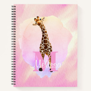 Pretty Monogram Watercolor Name Kids Giraffe  Notebook