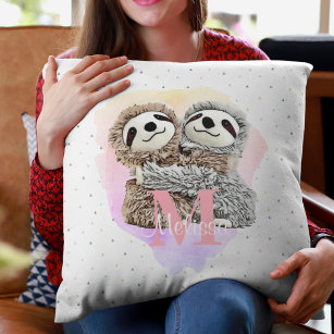 Pretty Monogram Watercolor Name Pink Sloth Hugs Cushion