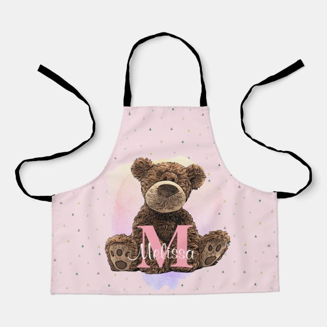 Pretty Monogram Watercolor Name Pink Teddy Bear Apron (Front)