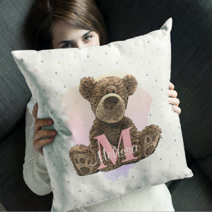 Pretty Monogram Watercolor Name Pink Teddy Bear Cushion