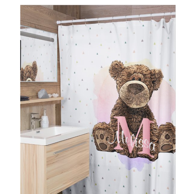Pretty Monogram Watercolor Name Pink Teddy Bear Shower Curtain (Creator Uploaded)