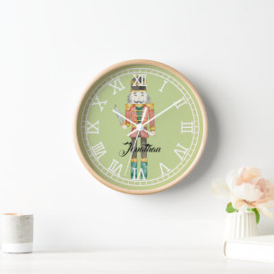 Pretty Monogrammed Nutcracker pastel light green Clock