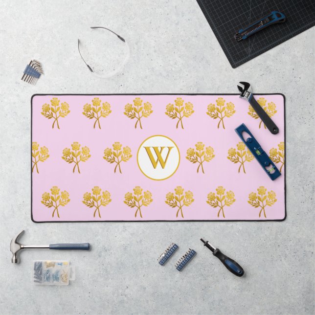 Pretty Monogrammed Pink Faux Gold Roses Floral Desk Mat (Workstation)