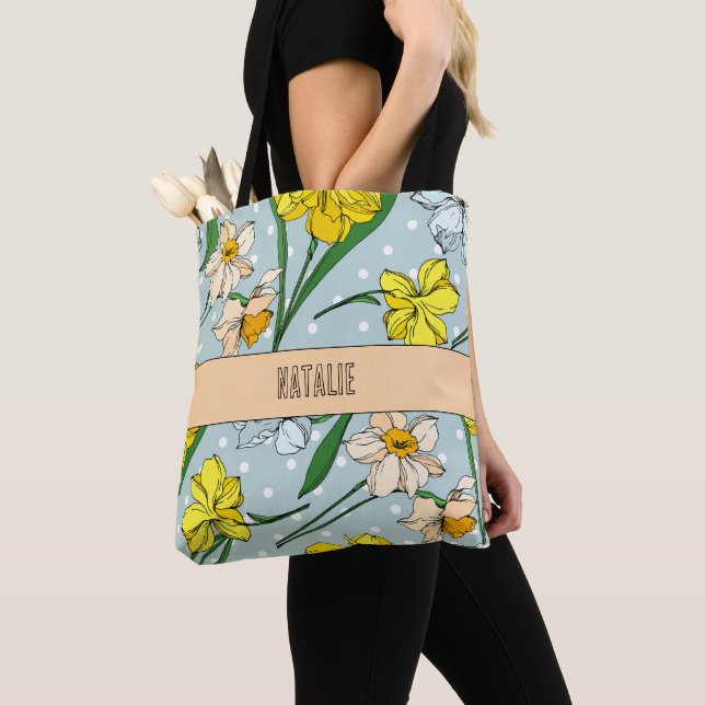 Pretty monogrammed Retro floral Blue pattern Tote Bag (Close Up)