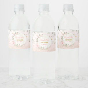 Pretty Moon Pink Gold Twinkle Star Baby Girl Favou Water Bottle Label
