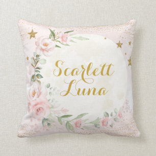 Pretty Moon & Stars Pink Blush Gold Floral Nursery Cushion