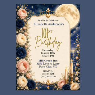 Pretty Moonlit Water Peony 101st Birthday Party Invitation
