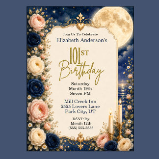 Pretty Moonlit Water Peony 101st Birthday Party Invitation
