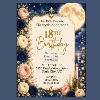 Pretty Moonlit Water Peony 18th Birthday Party Invitation