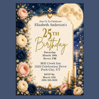 Pretty Moonlit Water Peony 25th Birthday Party Invitation