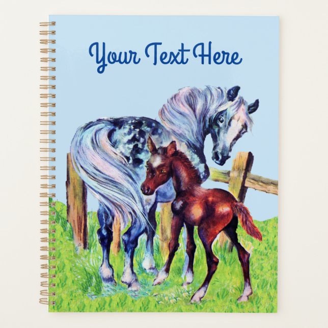 Pretty Mother Horse With Baby in Grass Blue Sky Planner (Front)