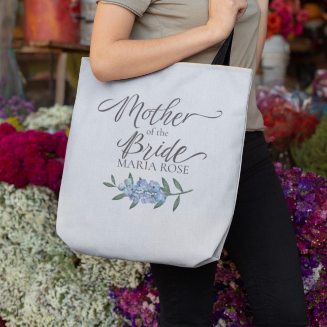 Pretty Mother of the Bride Floral Personalised Tote Bag (Mother of the Bride personalized wedding tote bag featuring elegant calligraphy script and blue flor)