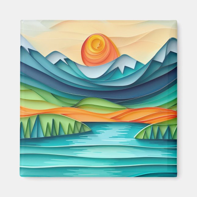 Pretty Mountain Sunset Lake Landscape Abstract Magnet (Front)