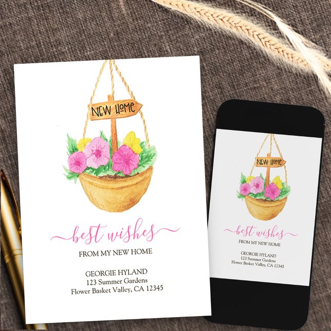 Pretty My New Home Hanging Basket Moving Announcement (hanging basket new address card available printed or as printable digital download)