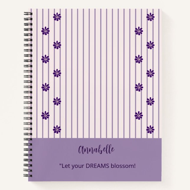 Pretty Name & Motto Violet Stripes and Flowers Notebook (Front)