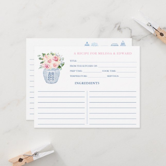 Pretty Navy And Pink Bride And Groom Recipe Card (Front/Back In Situ)