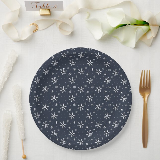 Pretty Navy Blue  Christmas Snowflake  Paper Plate (Wedding)