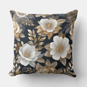 Pretty Navy Blue Gold White Floral Cushion