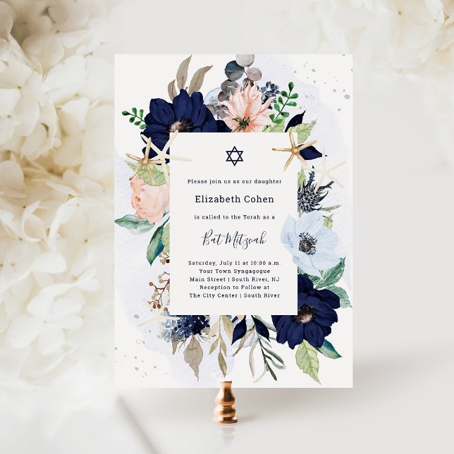 Pretty Navy Blue Nautical Flowers | Bat Mitzvah Invitation (Creator Uploaded)