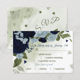 pretty navy dusty blue flower greenery meal choice RSVP card