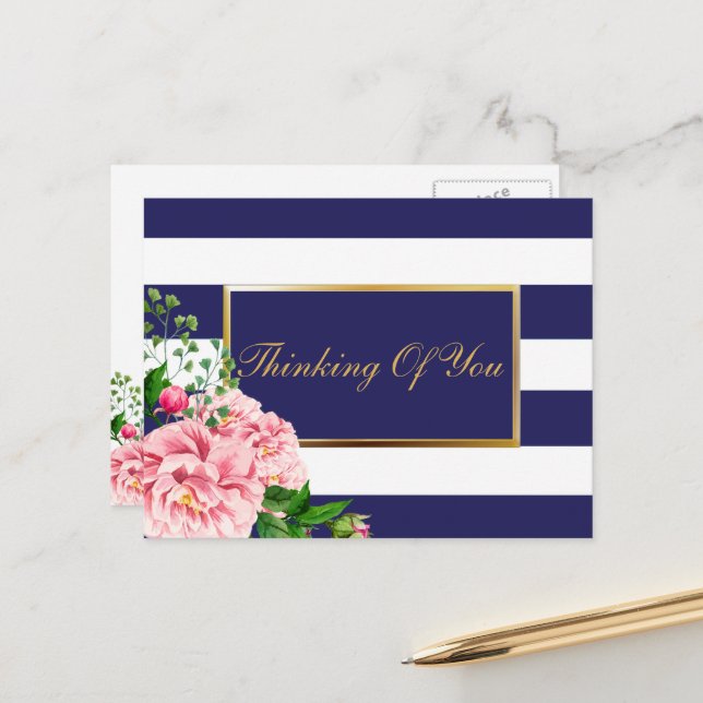 Pretty Navy Stripes And Roses Floral Personalised Postcard (Front/Back In Situ)