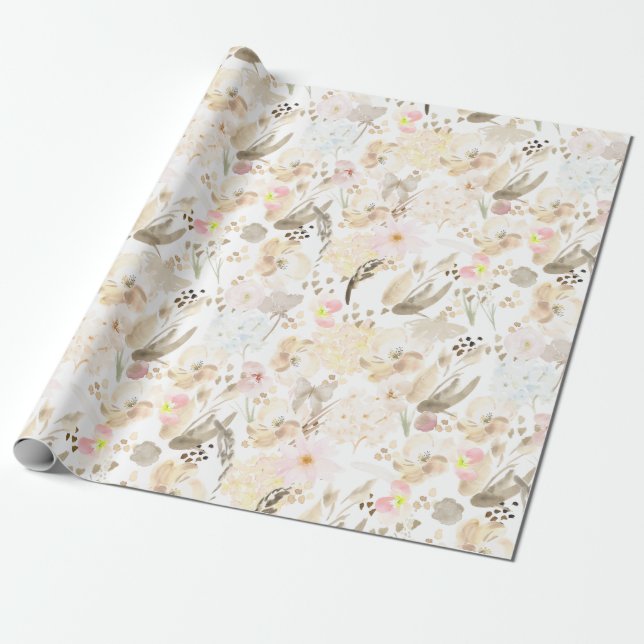 Pretty Neutral Cream Pink Floral Wrapping Paper (Unrolled)
