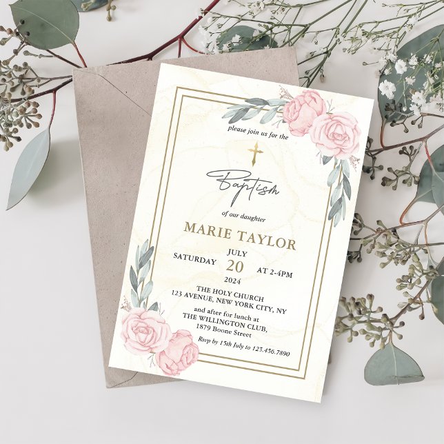 Pretty Neutral Watercolor Floral Baptism Invitation (Creator Uploaded)