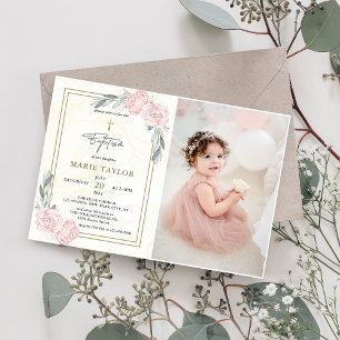 Pretty Neutral Watercolor Floral Baptism Photo Invitation